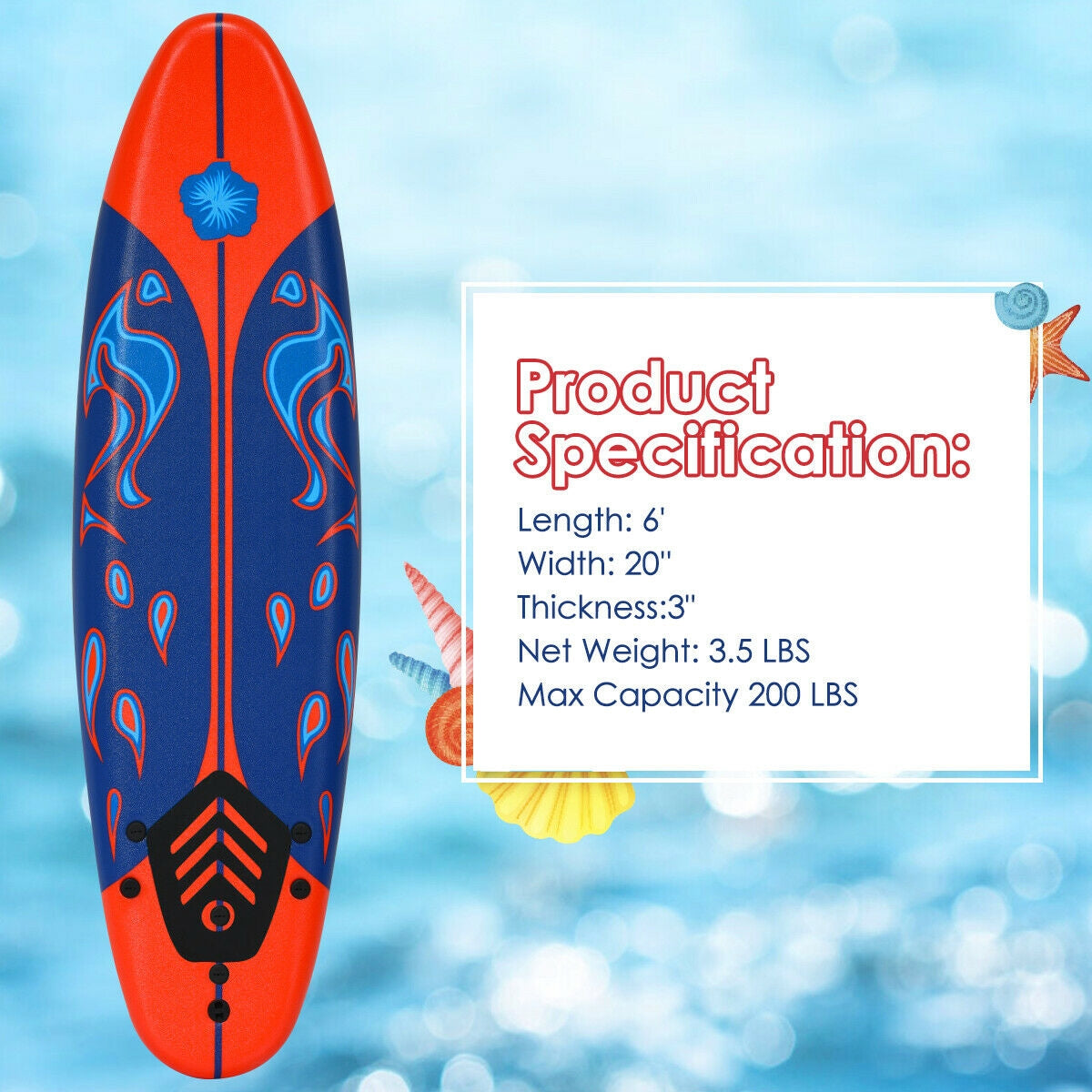 6 Feet Surfboard, 3 Detachable Fins, Red Surfing at Gallery Canada