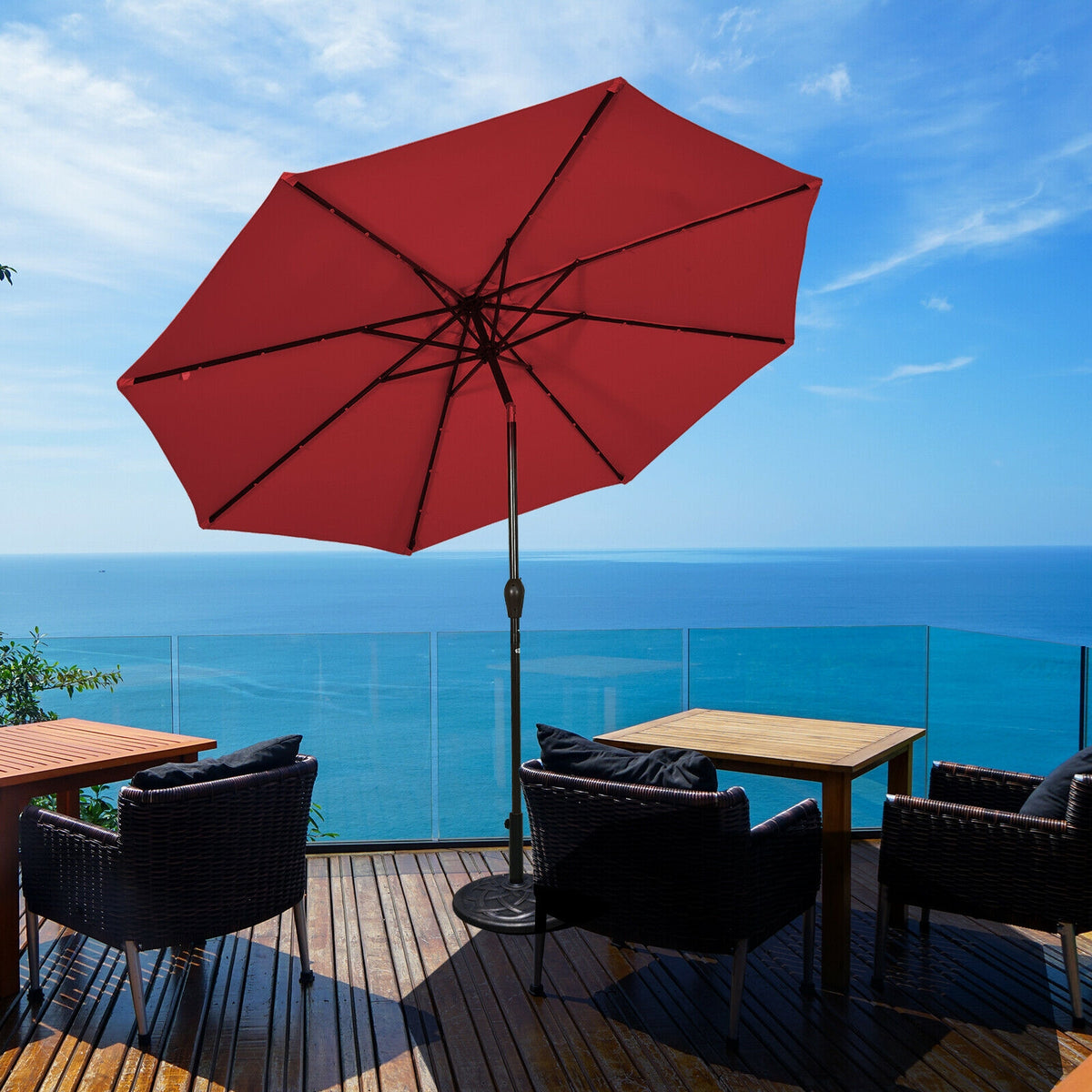 10' Solar LED Patio Umbrella, Tilt Crank, Dark Red Outdoor Umbrellas at Gallery Canada