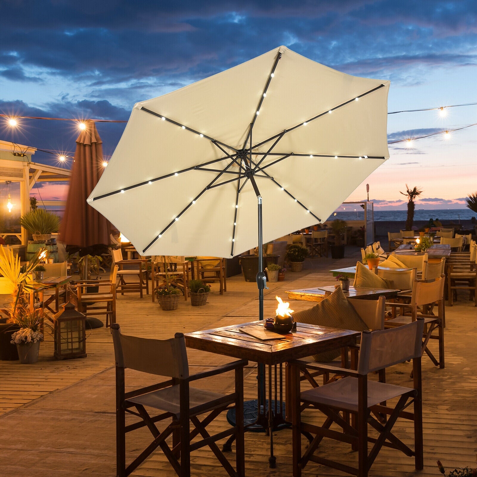 10' Solar LED Patio Umbrella, Tilt Crank, Beige Outdoor Umbrellas at Gallery Canada