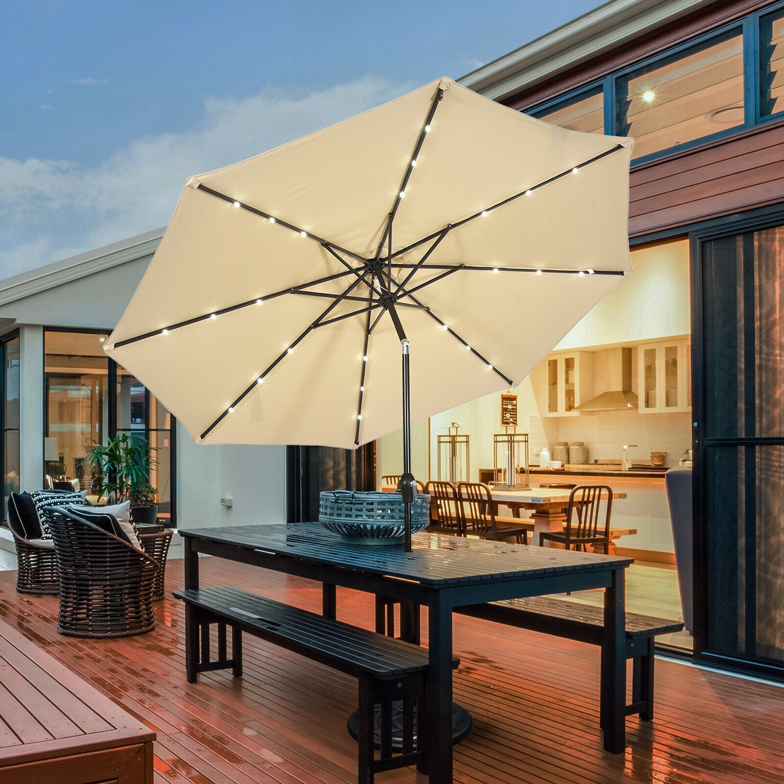 10' Solar LED Patio Umbrella, Tilt Crank, Beige Outdoor Umbrellas at Gallery Canada