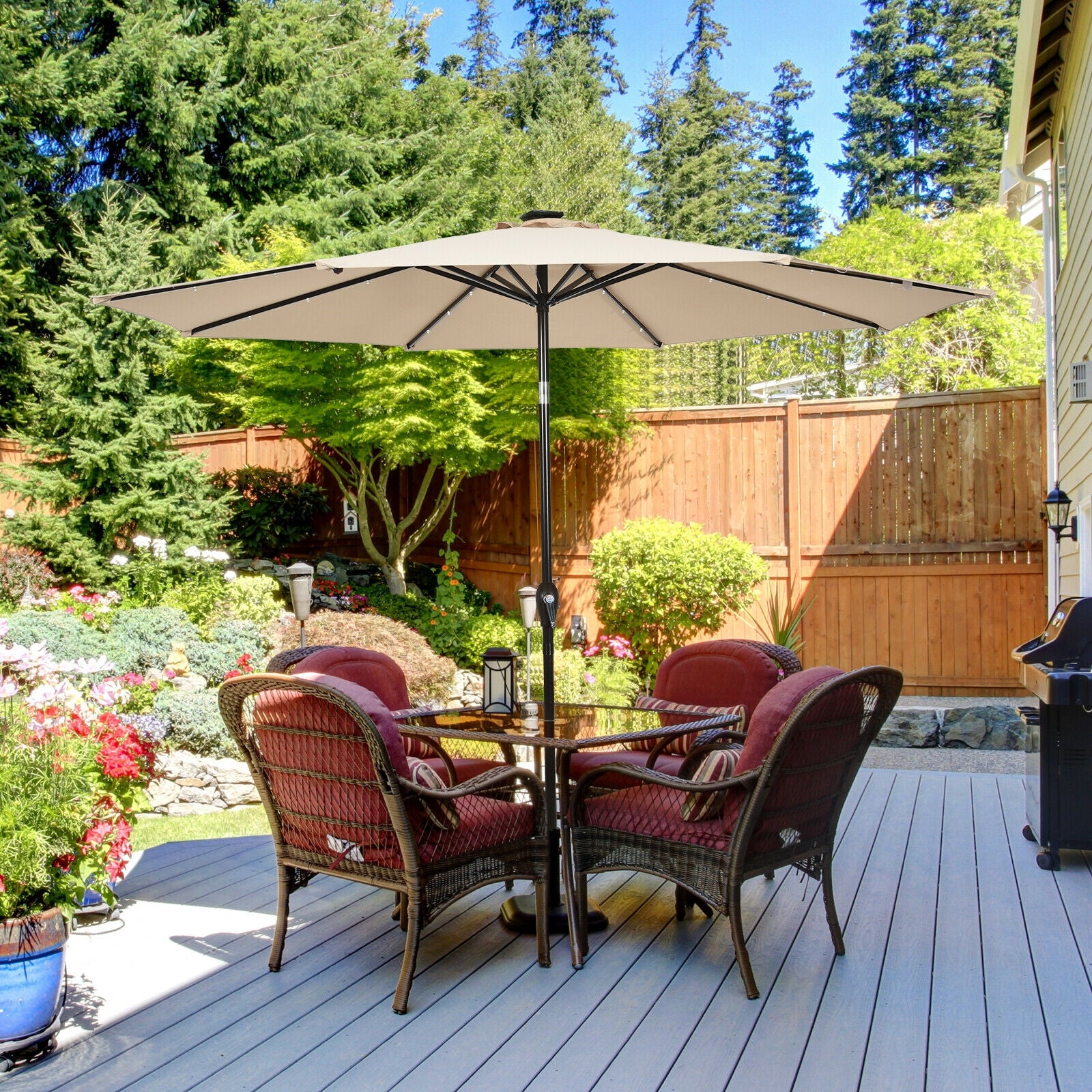 10' Solar LED Patio Umbrella, Tilt Crank, Beige Outdoor Umbrellas at Gallery Canada