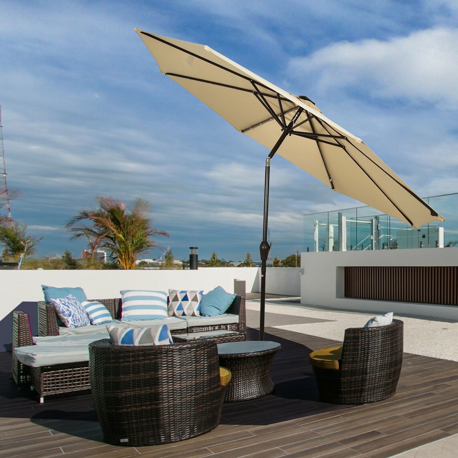 10' Solar LED Patio Umbrella, Tilt Crank, Beige Outdoor Umbrellas at Gallery Canada