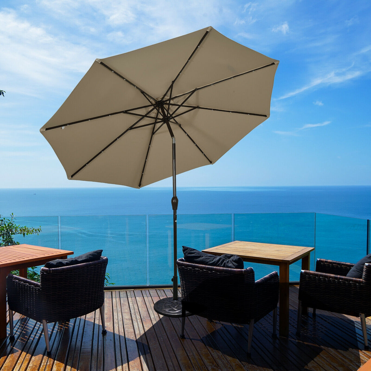 10' Solar LED Patio Umbrella, Tilt Adjustment Crank, Tan Outdoor Umbrellas at Gallery Canada