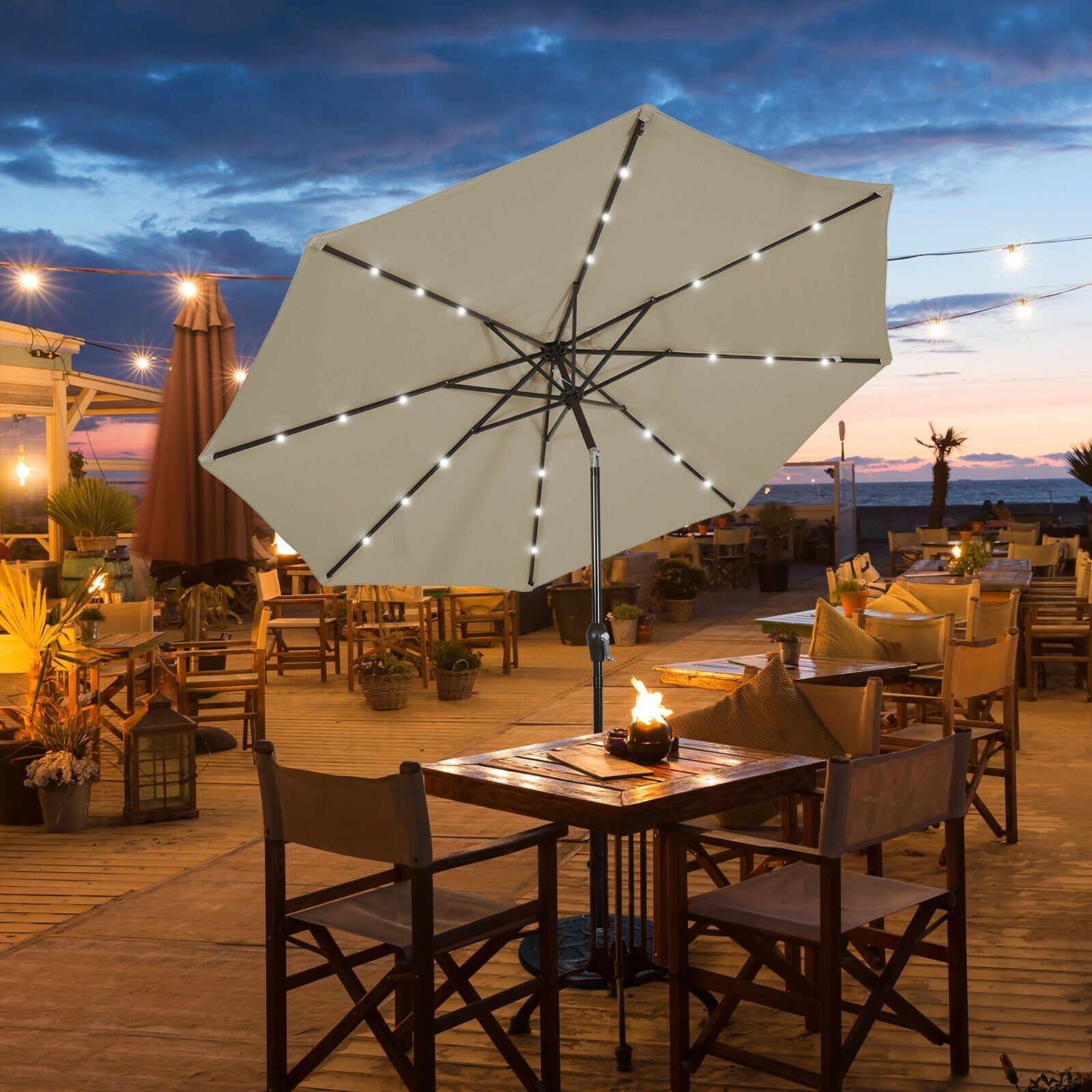 10' Solar LED Patio Umbrella, Tilt Adjustment Crank, Tan Outdoor Umbrellas at Gallery Canada