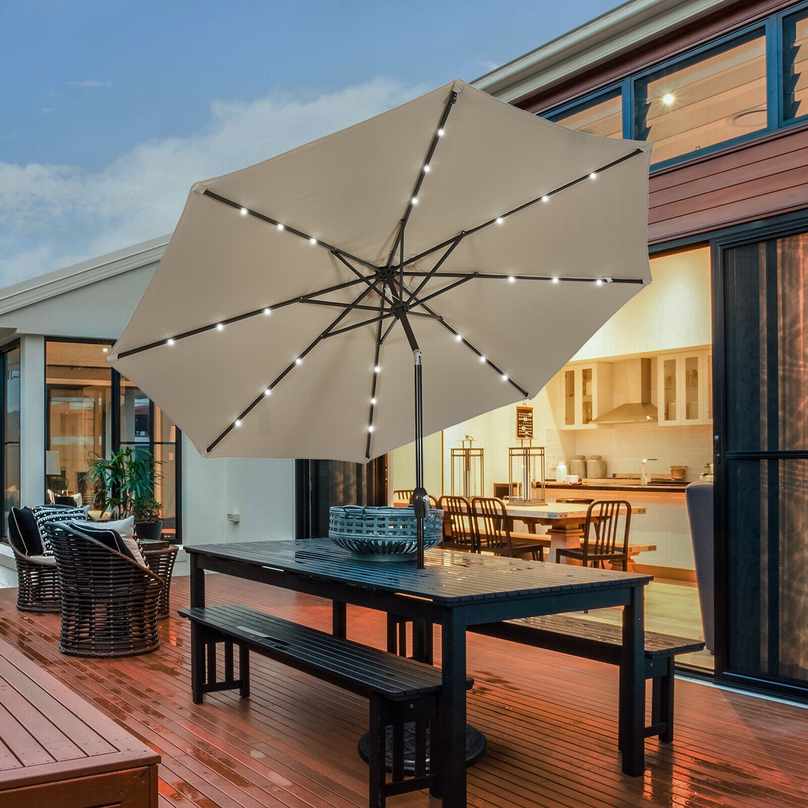 10' Solar LED Patio Umbrella, Tilt Adjustment Crank, Tan Outdoor Umbrellas at Gallery Canada