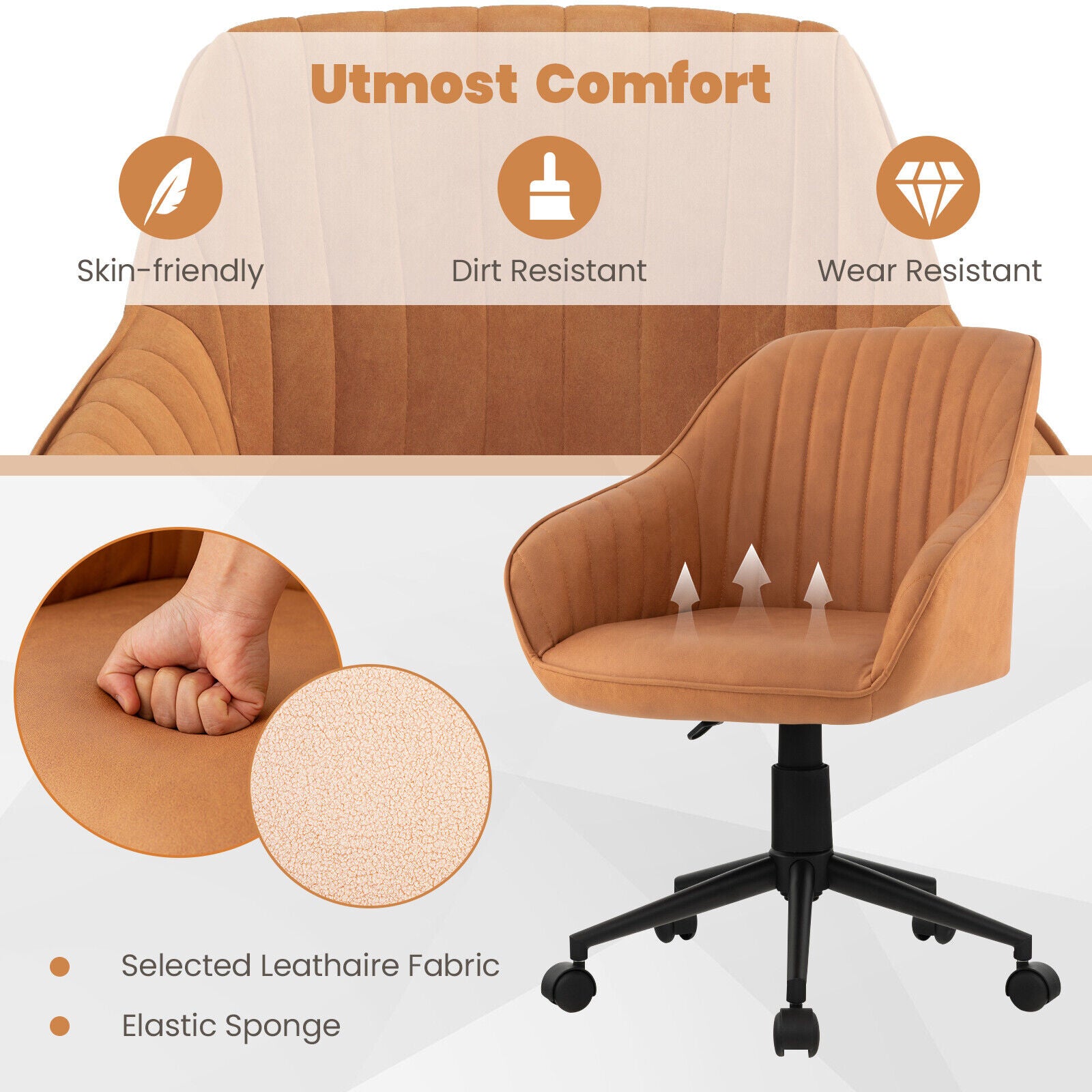Modern Home Office Chair, Curved Backrest, Comfortable Armrests, Brown Leisure Chairs at Gallery Canada