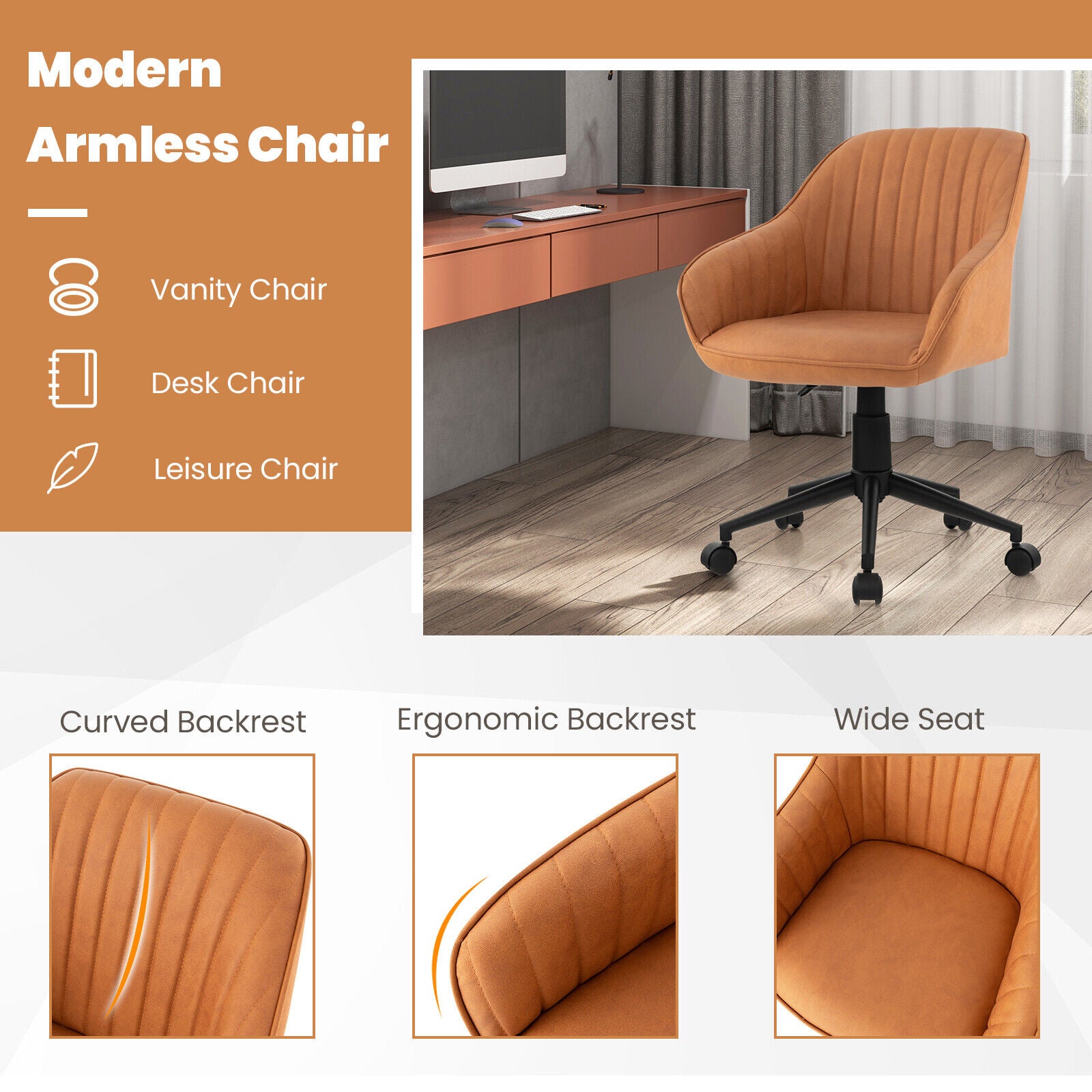 Modern Home Office Chair, Curved Backrest, Comfortable Armrests, Brown Leisure Chairs at Gallery Canada