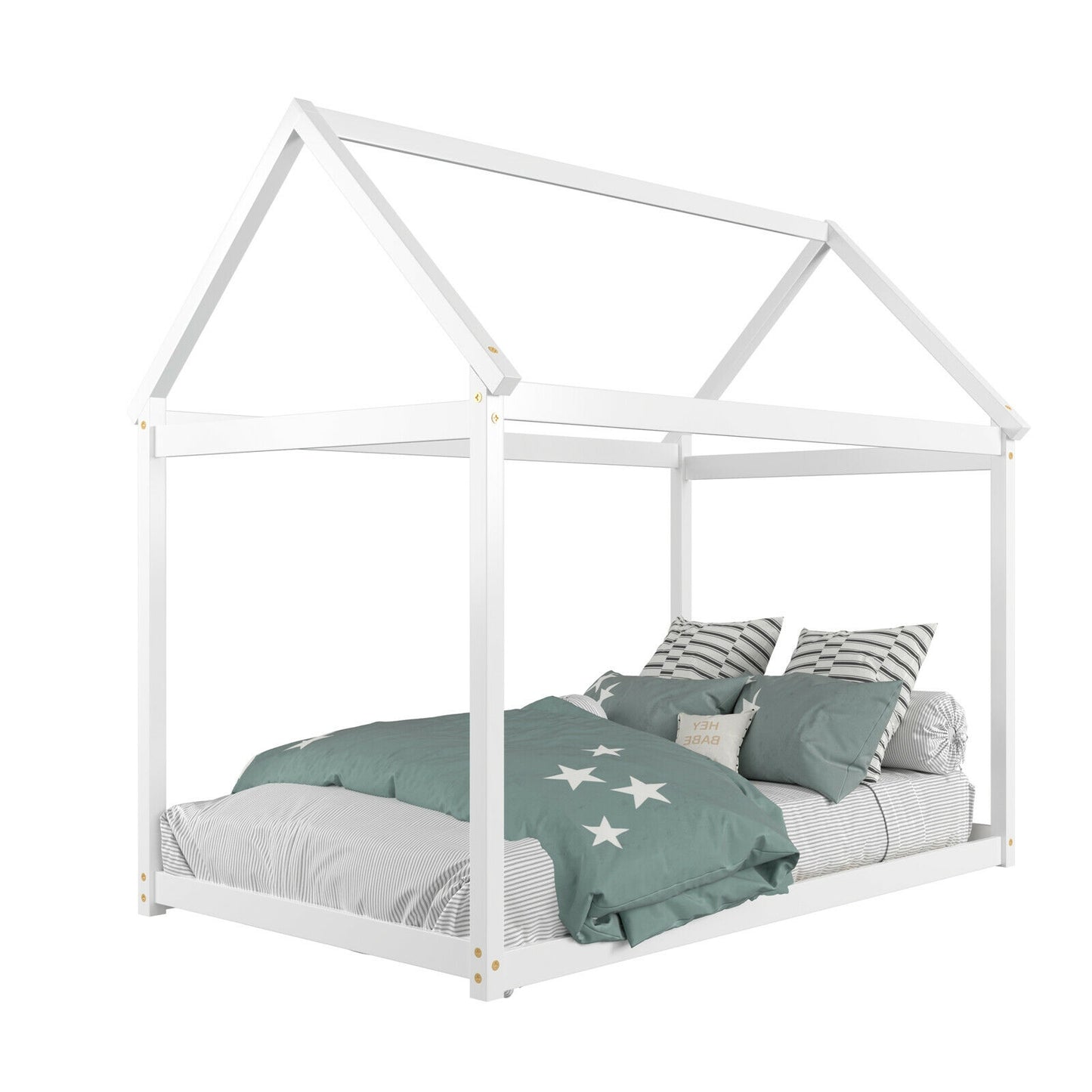 Kids Platform Floor Bed With Roof, Heavy Duty Slats, White Simple Bed Frame at Gallery Canada