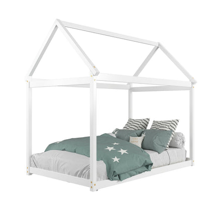 Kids Platform Floor Bed With Roof, Heavy Duty Slats, White Simple Bed Frame at Gallery Canada