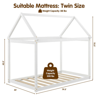 Kids Platform Floor Bed With Roof, Heavy Duty Slats, White Simple Bed Frame at Gallery Canada