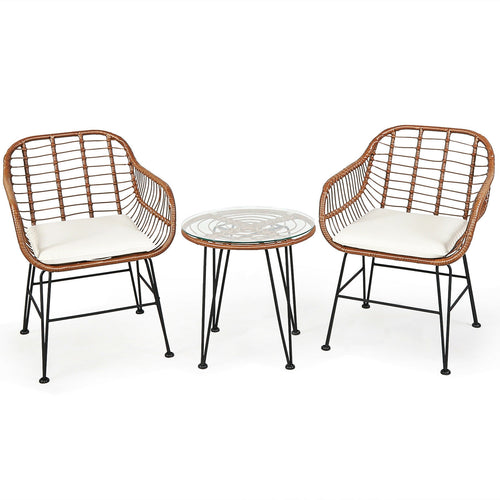 3 Piece Patio Rattan Bistro Set With Cushion, White