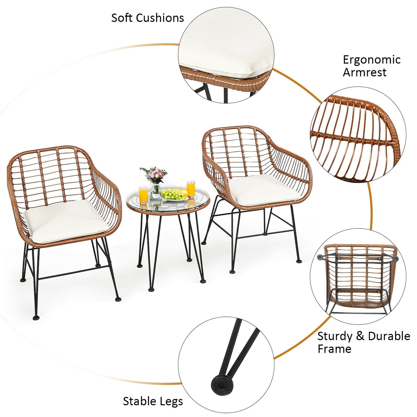 3 Piece Patio Rattan Bistro Set With Cushion, White Patio Conversation Sets at Gallery Canada