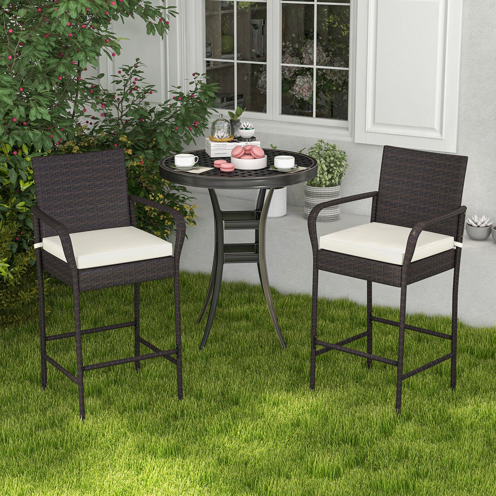 Outdoor PE Rattan Cushioned Barstool Set, 2 Pieces, Off White Patio Bar Furniture at Gallery Canada