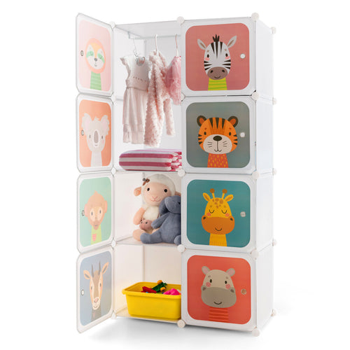 8 Cube Kids Wardrobe Closet With Hanging Section, Doors, White