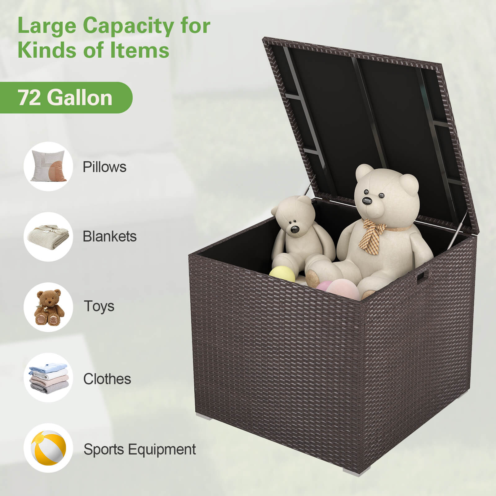72 Gallon Rattan Outdoor Storage Box, Zippered Liner, Pneumatic Rod, Brown Sheds & Outdoor Storage at Gallery Canada