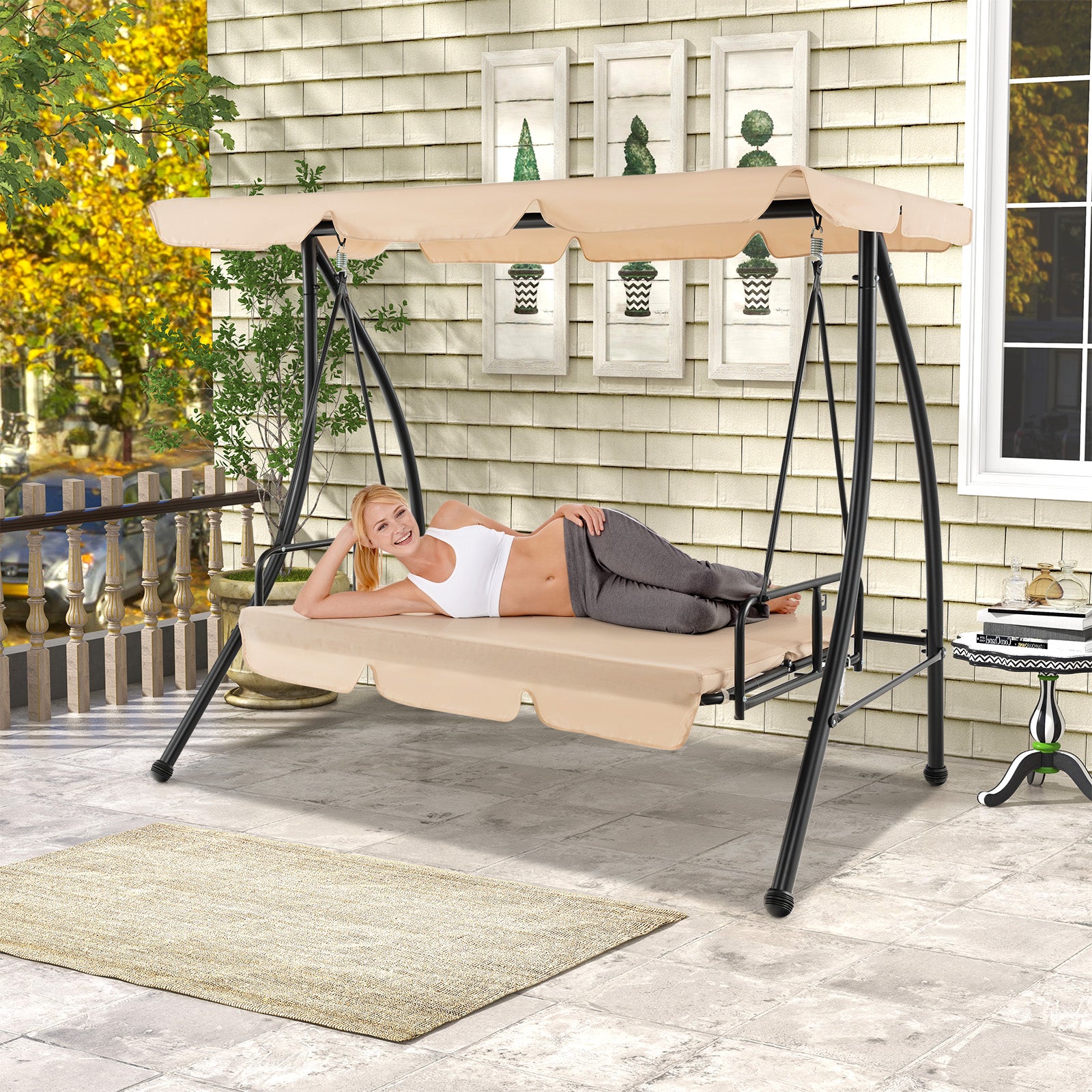 2-Seat Outdoor Convertible Swing Chair, Flat Bed, Adjustable Canopy, Beige Patio Rocking Chairs & Gliders at Gallery Canada