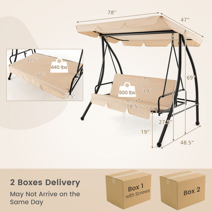 2-Seat Outdoor Convertible Swing Chair, Flat Bed, Adjustable Canopy, Beige Patio Rocking Chairs & Gliders at Gallery Canada