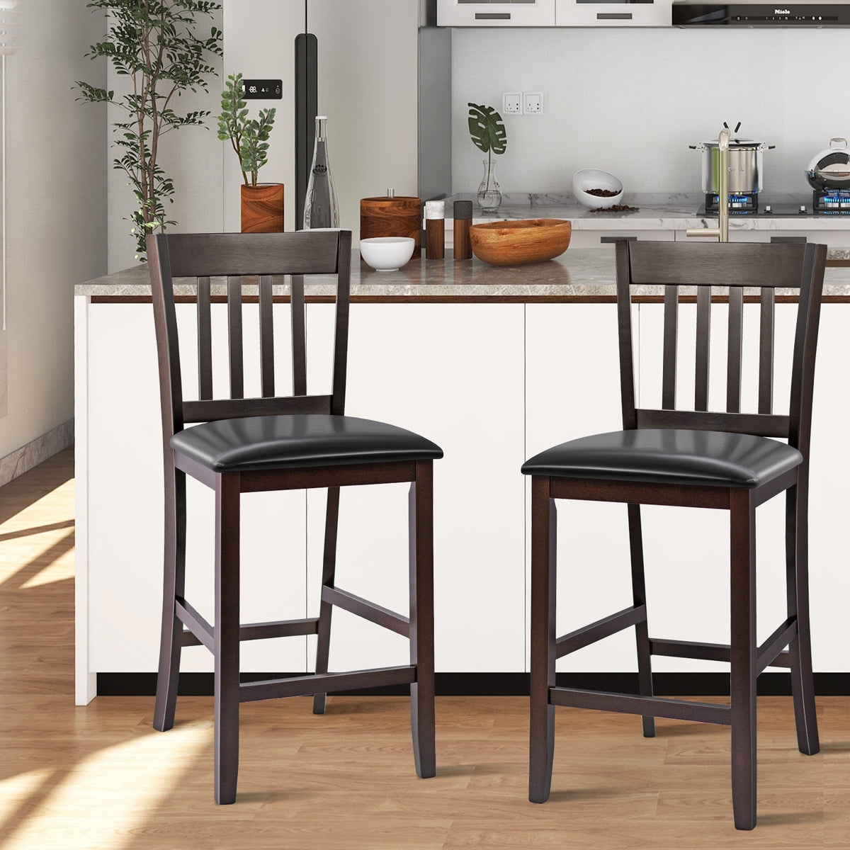 Set of 2 Bar Stools, 25 Inches, Rubber Wood Legs, Espresso Bar Stools at Gallery Canada