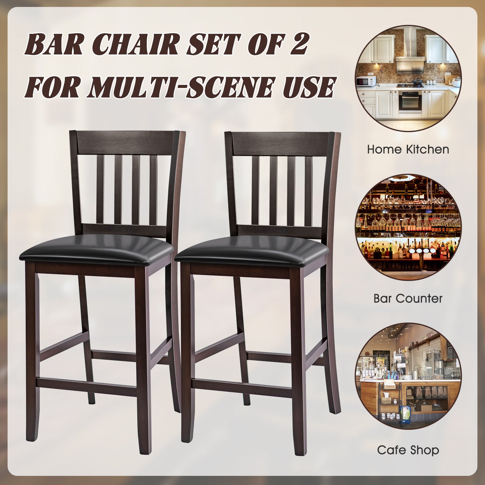 Set of 2 Bar Stools, 25 Inches, Rubber Wood Legs, Espresso Bar Stools at Gallery Canada