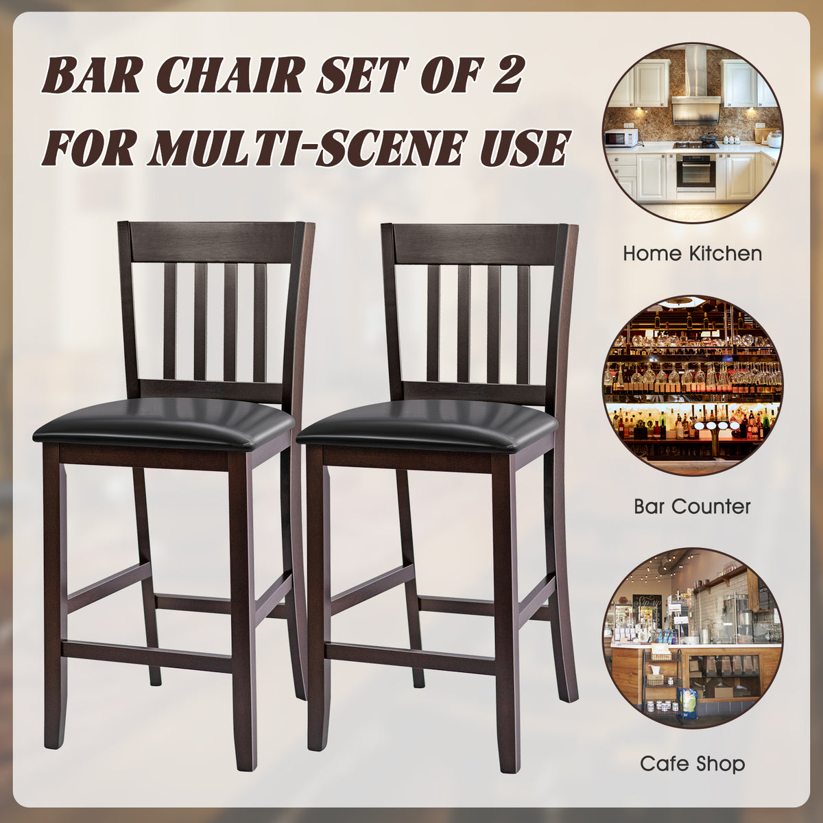 Set of 2 Bar Stools, 25 Inches, Rubber Wood Legs, Espresso Bar Stools at Gallery Canada