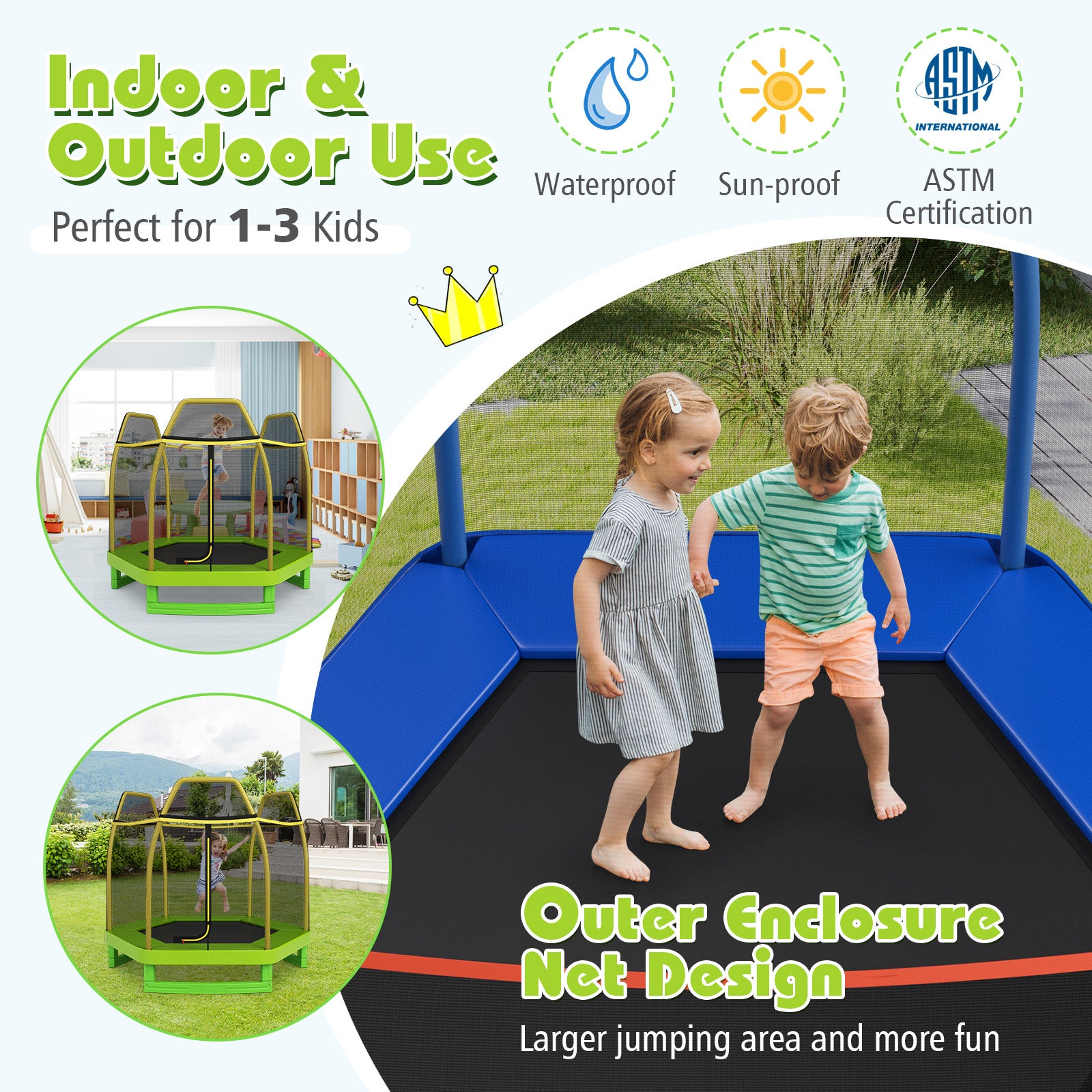 7FT Kids Trampoline With Safety Enclosure Net, Green Trampolines at Gallery Canada
