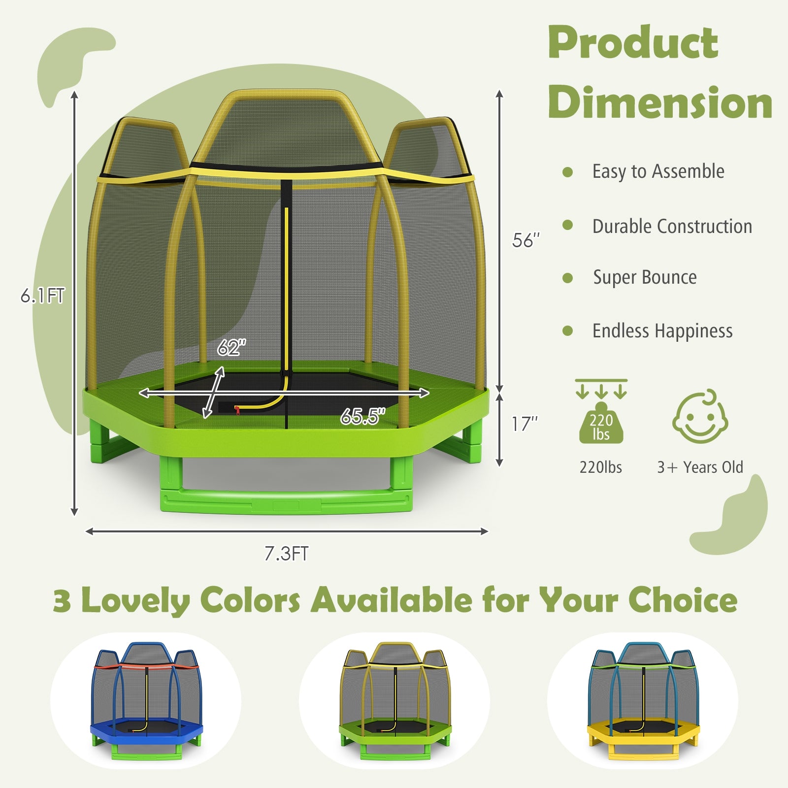 7FT Kids Trampoline With Safety Enclosure Net, Green Trampolines at Gallery Canada