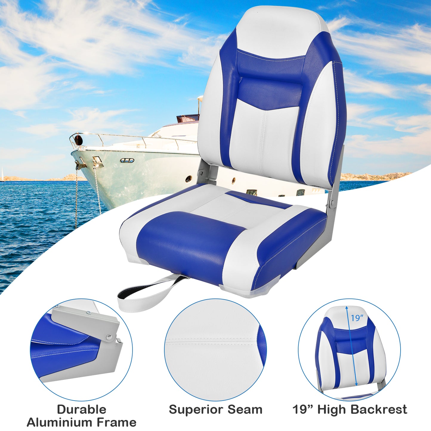 High Back Folding Boat Seat, White Cushion, Blue Swimming at Gallery Canada