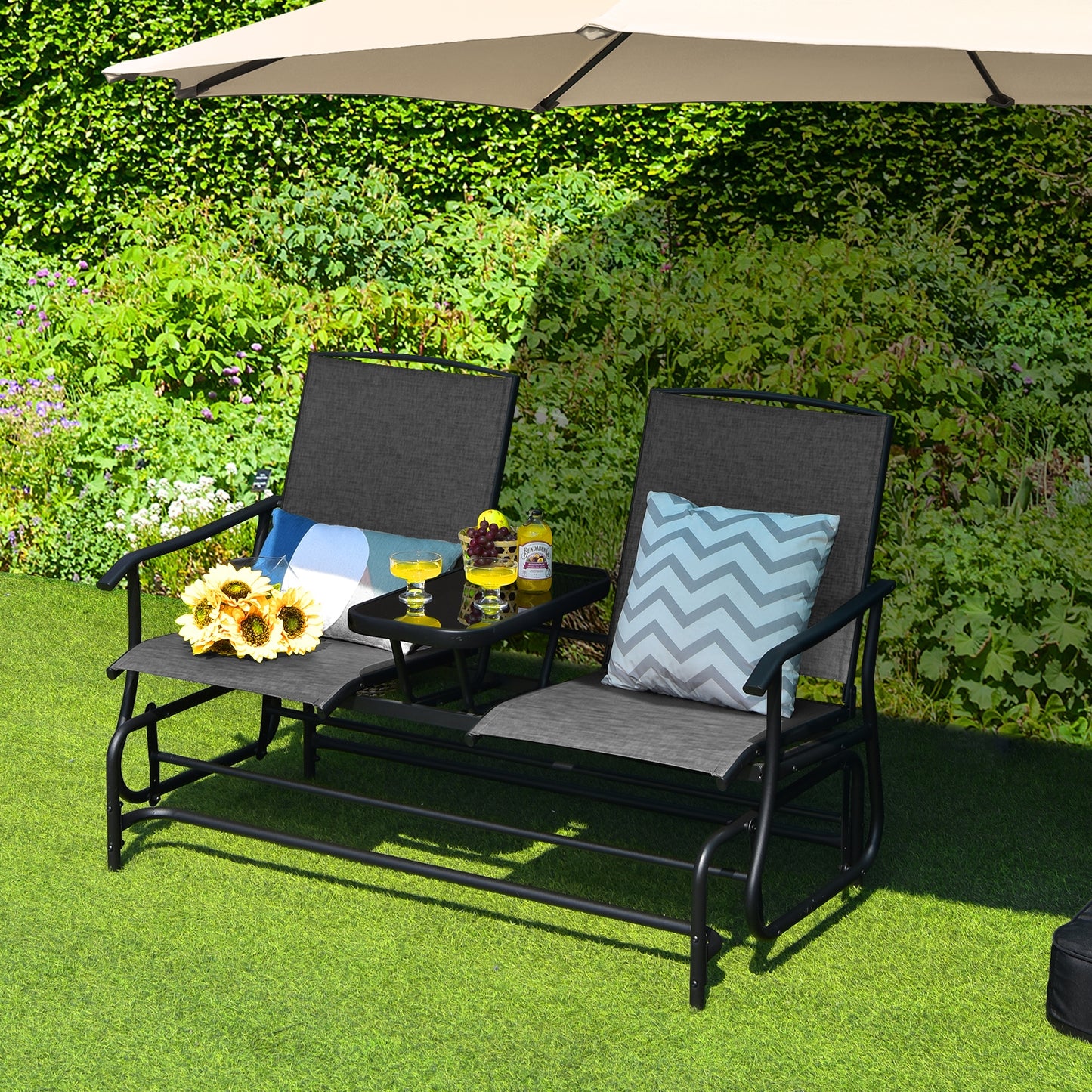 Double Rocking Loveseat, 2-Person, Mesh Fabric, Tempered Glass Table, Gray Patio Conversation Sets at Gallery Canada