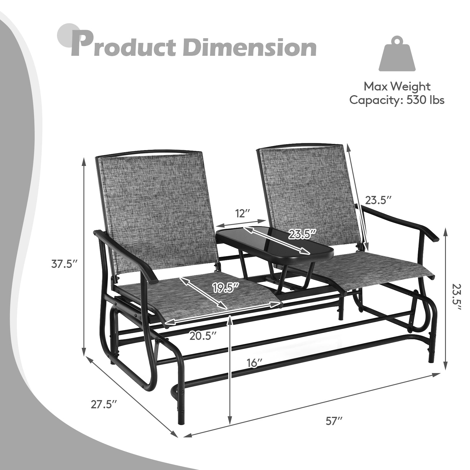 Double Rocking Loveseat, 2-Person, Mesh Fabric, Tempered Glass Table, Gray Patio Conversation Sets at Gallery Canada