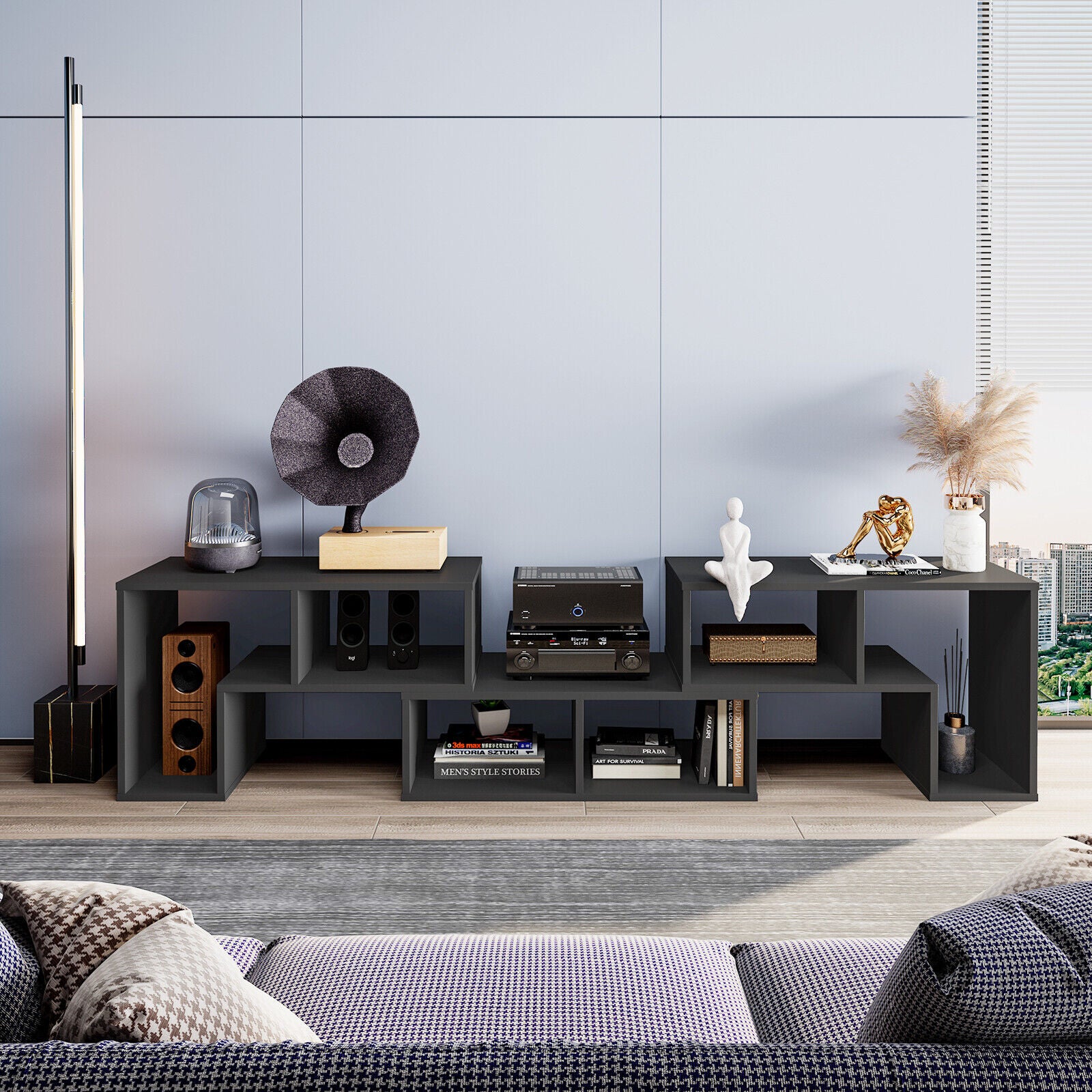 Adjustable TV Stand For 65 Inch TVs, With Shelves, Black Entertainment Centers & TV Stands at Gallery Canada
