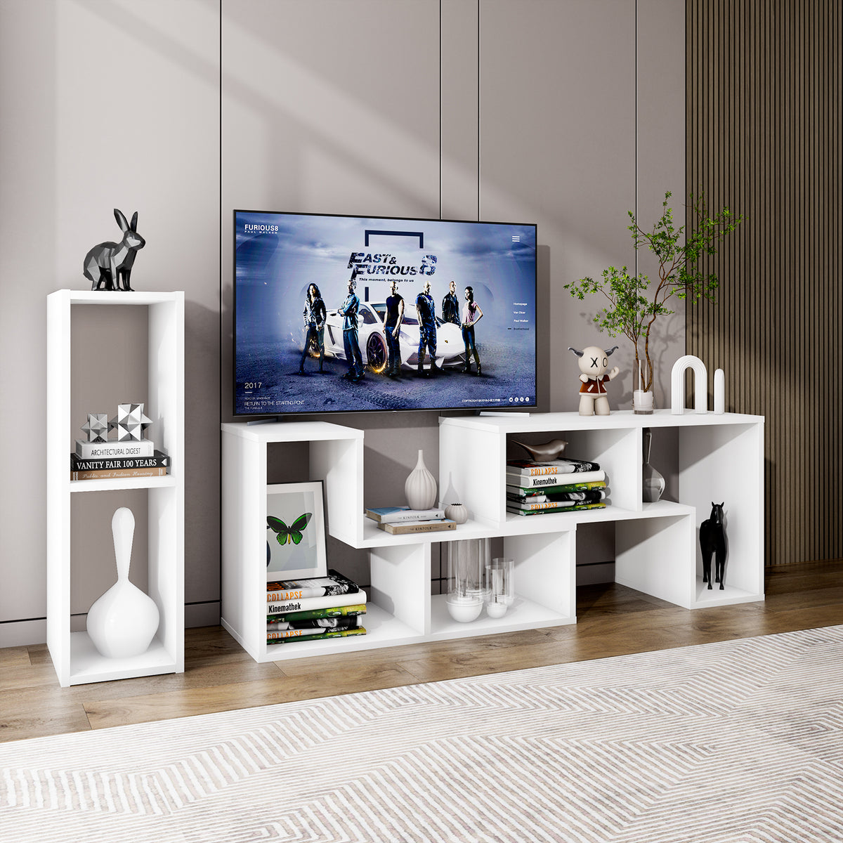 Adjustable TV Stand, 65 Inch, 3 Pieces With Shelves, White Entertainment Centers & TV Stands at Gallery Canada