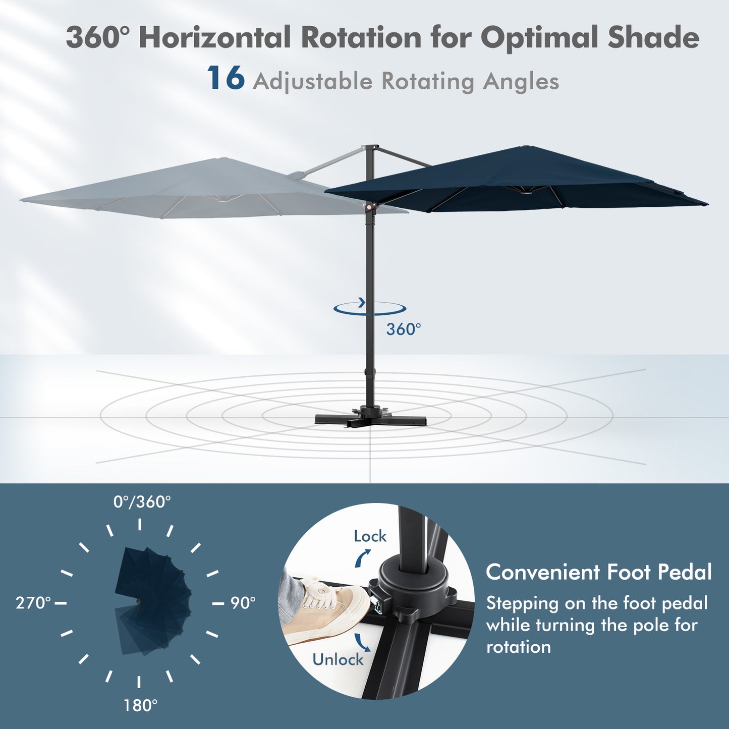 9.5 Feet Square Cantilever Patio Umbrella, 360 Rotation, Navy Outdoor Umbrellas at Gallery Canada