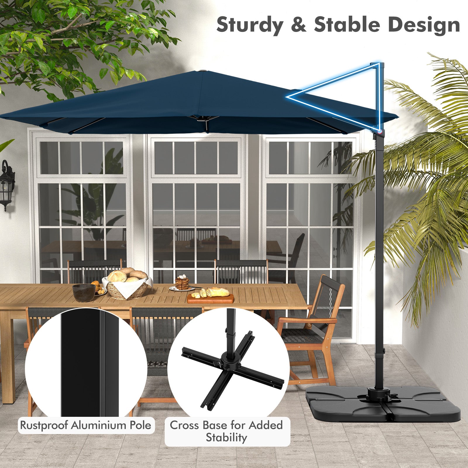 9.5 Feet Square Cantilever Patio Umbrella, 360 Rotation, Navy Outdoor Umbrellas at Gallery Canada