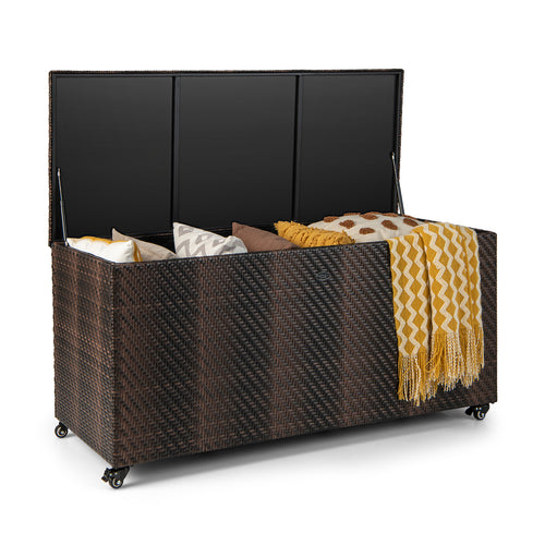 96 Gallon PE Wicker Outdoor Storage Box, 4 Wheels, Brown