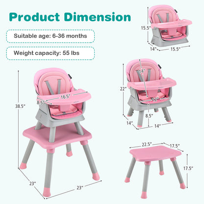 6-In-1 Convertible Baby High Chair, Adjustable Removable Tray, Pink High Chairs at Gallery Canada