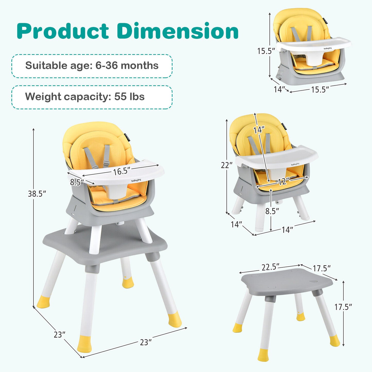 6-In-1 Convertible Baby High Chair, Adjustable Removable Tray, Yellow High Chairs at Gallery Canada