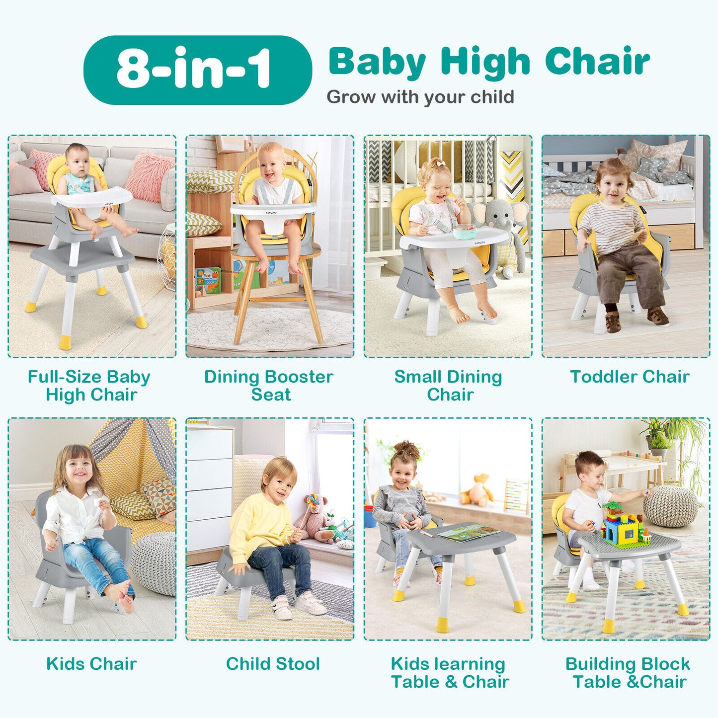 6-In-1 Convertible Baby High Chair, Adjustable Removable Tray, Yellow High Chairs at Gallery Canada