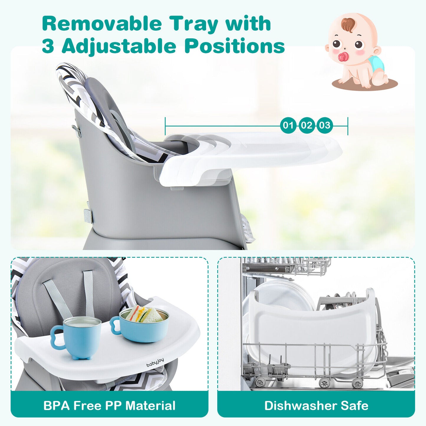 6-In-1 Convertible Baby High Chair, Adjustable Removable Tray, Gray White High Chairs at Gallery Canada