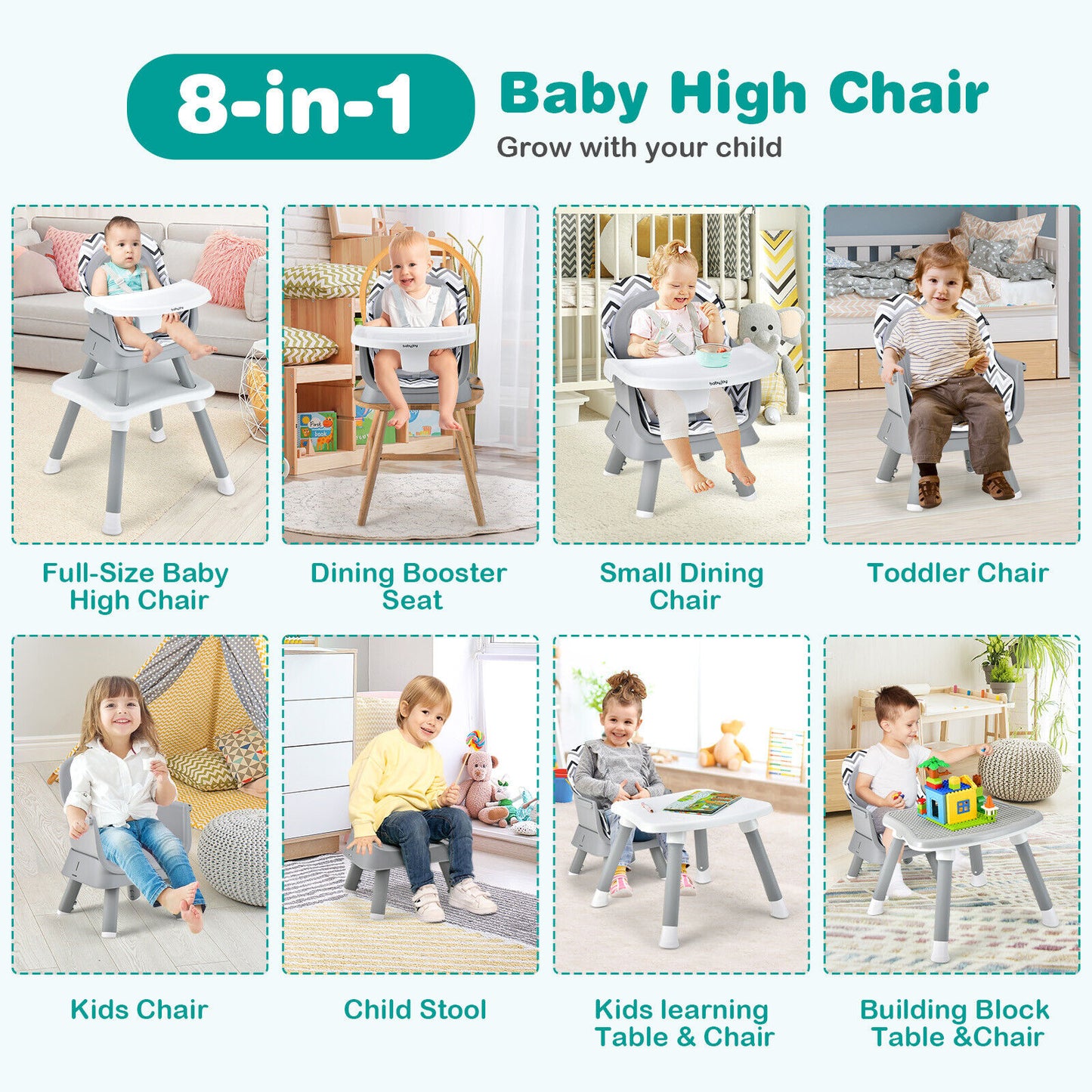 6-In-1 Convertible Baby High Chair, Adjustable Removable Tray, Gray White High Chairs at Gallery Canada