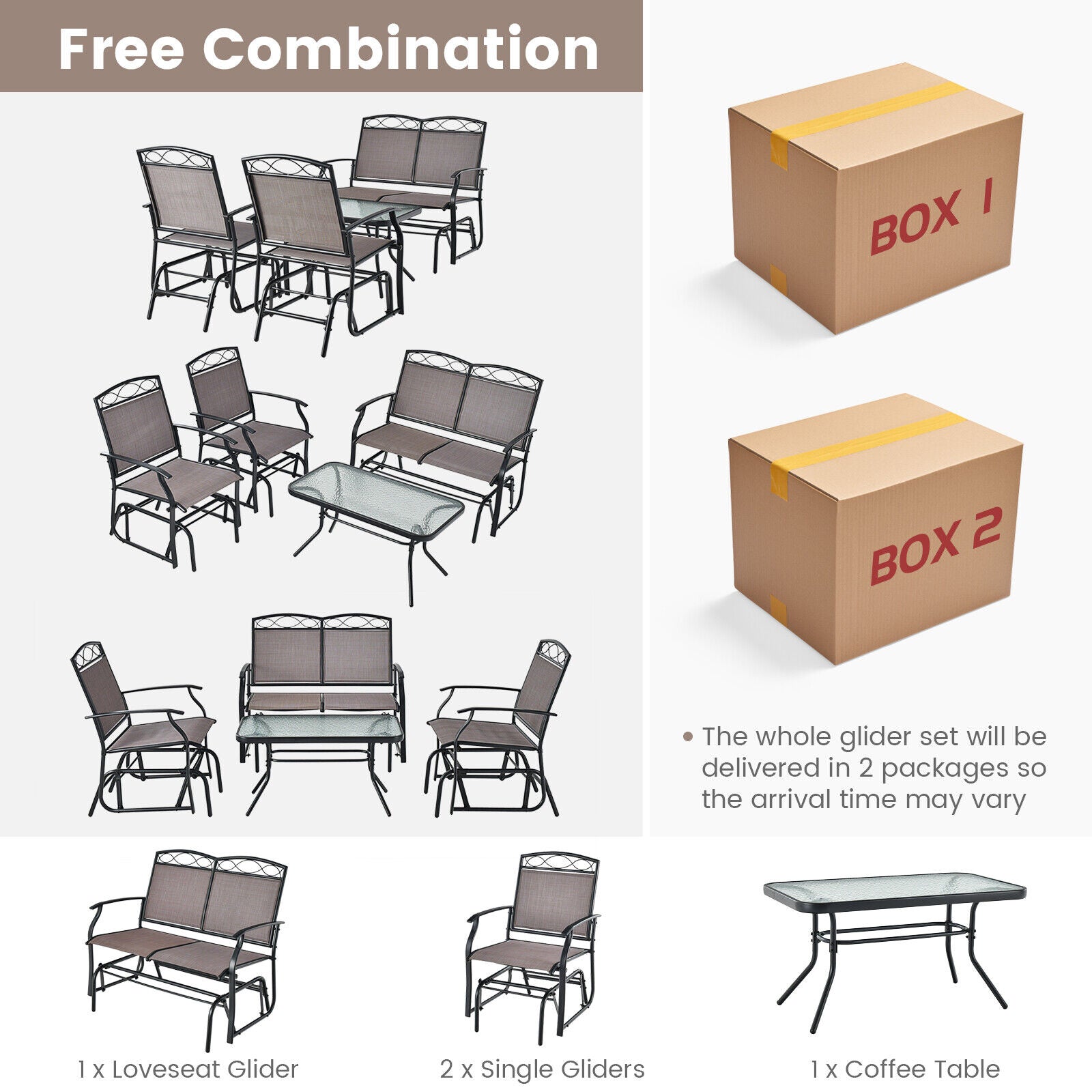 4 Piece Patio Glider Set, Tempered Glass Table Top, Brown Patio Conversation Sets at Gallery Canada