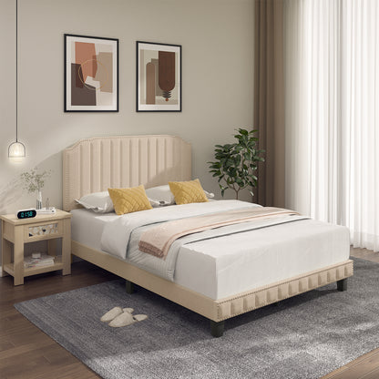 Heavy Duty Upholstered Bed Frame, Full Size, Beige Simple Bed Frame at Gallery Canada