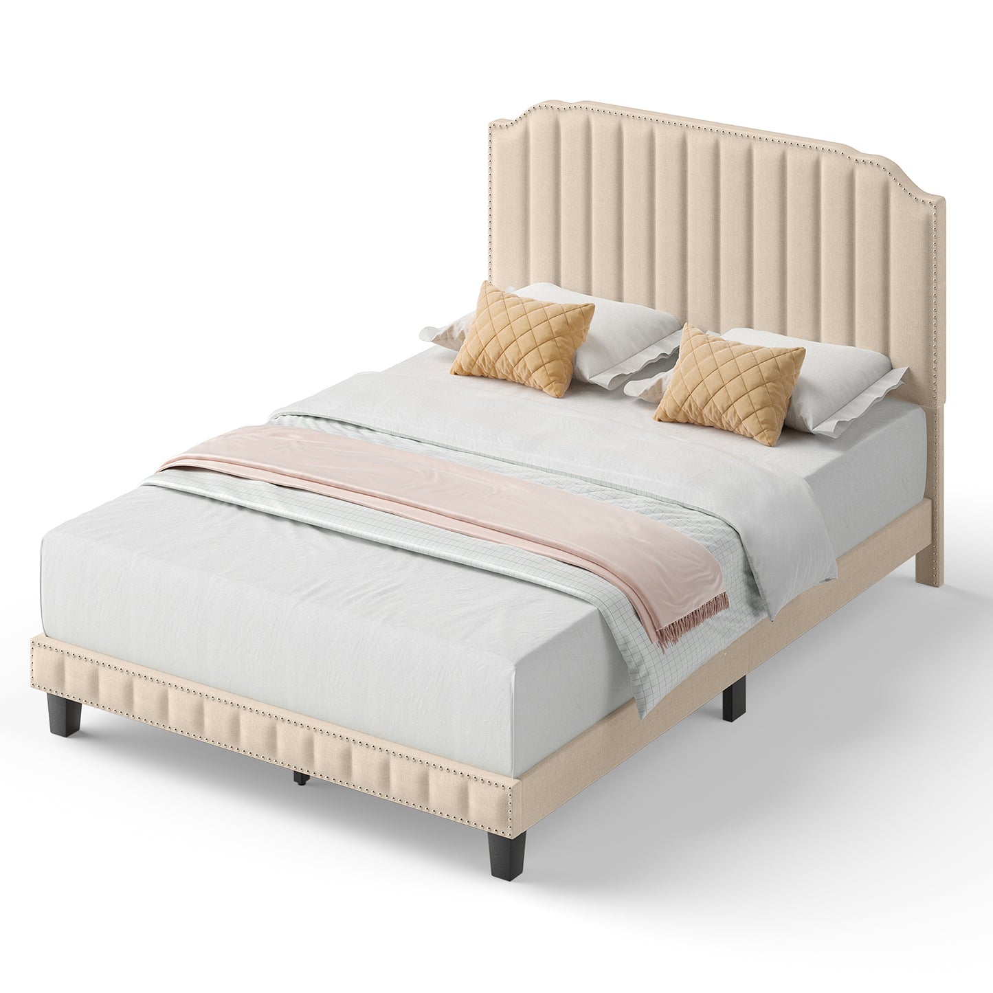 Heavy Duty Upholstered Bed Frame, Full Size, Beige Simple Bed Frame at Gallery Canada