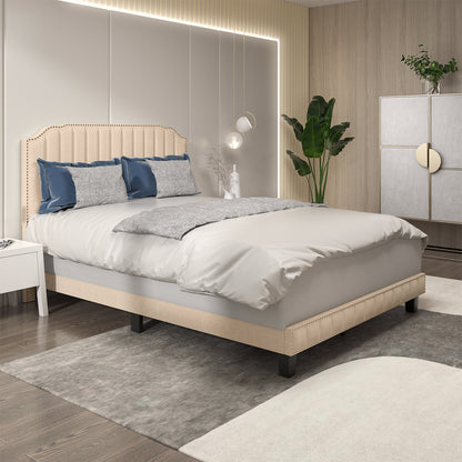 Heavy Duty Upholstered Bed Frame, Full Size, Beige Simple Bed Frame at Gallery Canada