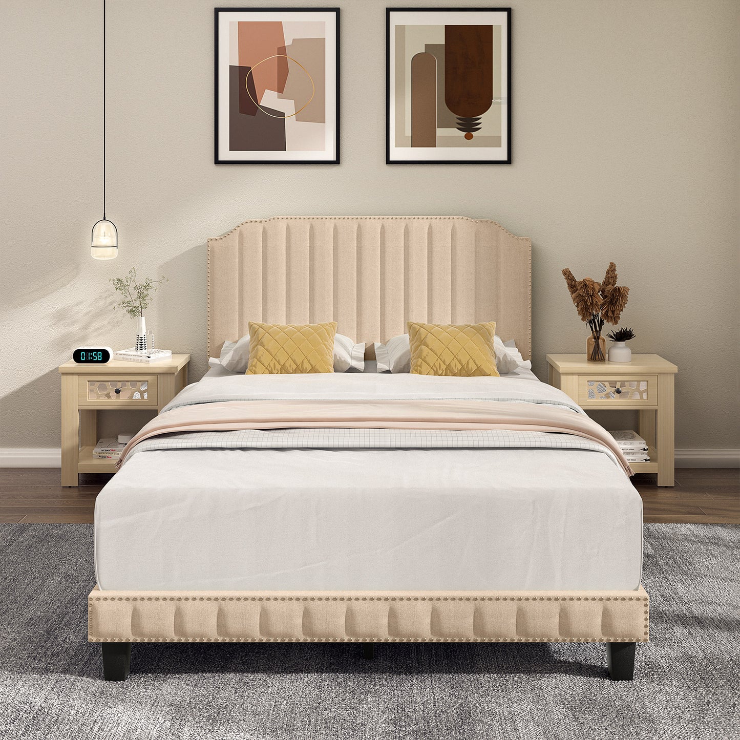 Heavy Duty Upholstered Bed Frame, Full Size, Beige Simple Bed Frame at Gallery Canada