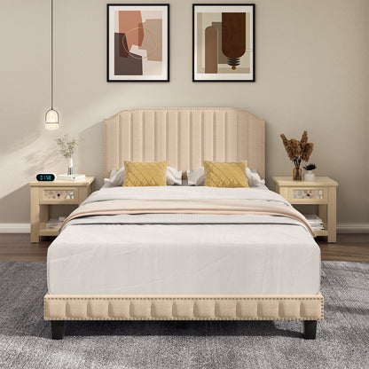 Heavy Duty Upholstered Bed Frame, Full Size, Beige Simple Bed Frame at Gallery Canada