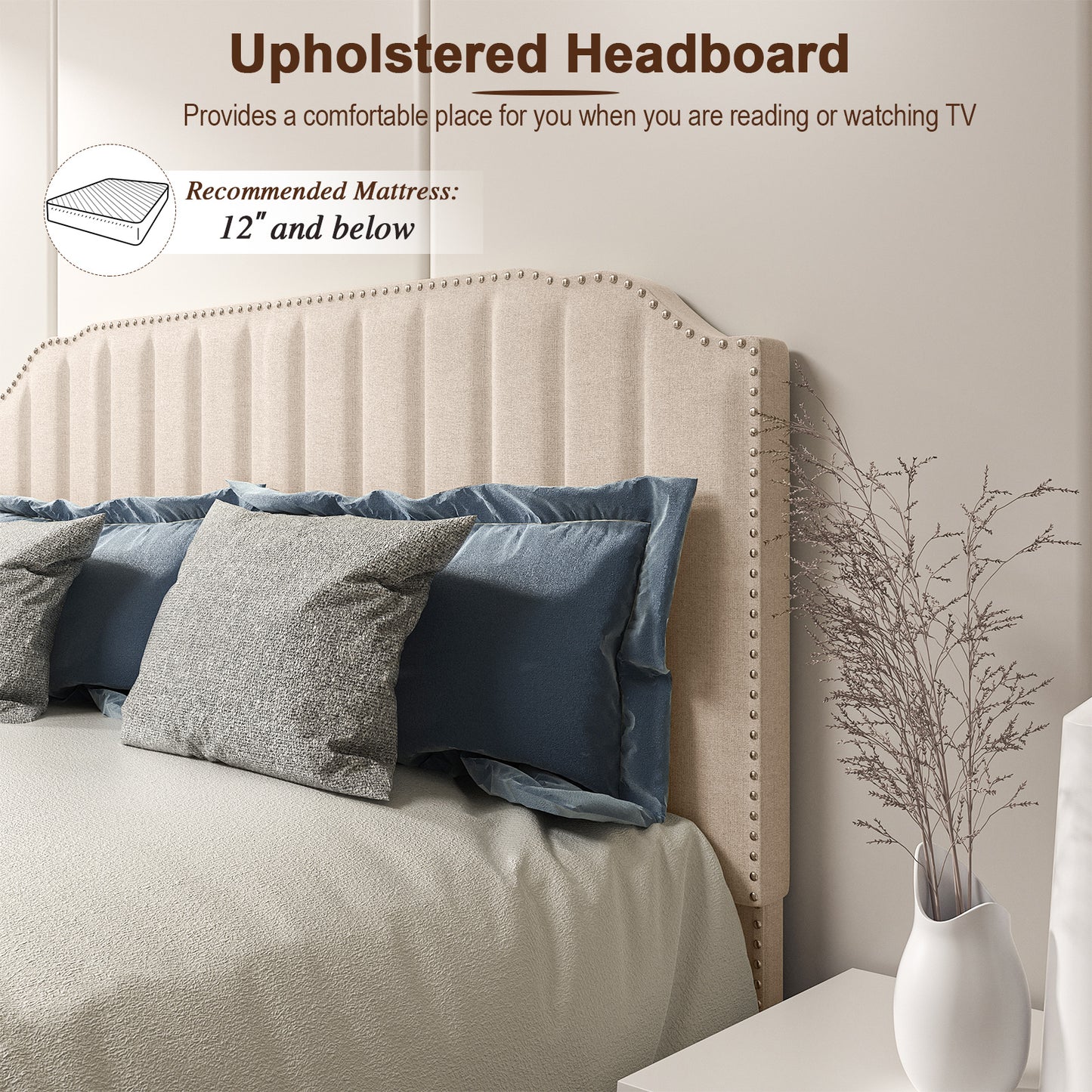 Heavy Duty Upholstered Bed Frame, Full Size, Beige Simple Bed Frame at Gallery Canada