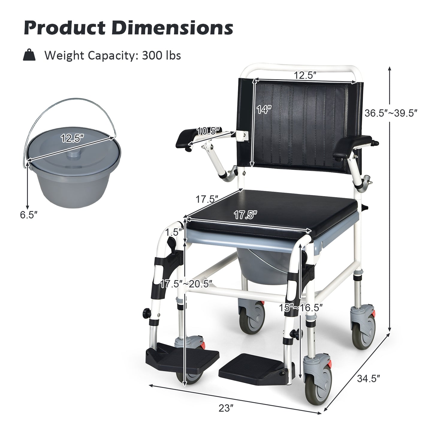 4-In-1 Bedside Commode Wheelchair, Detachable Bucket, White, Black Walkers & Rollators at Gallery Canada