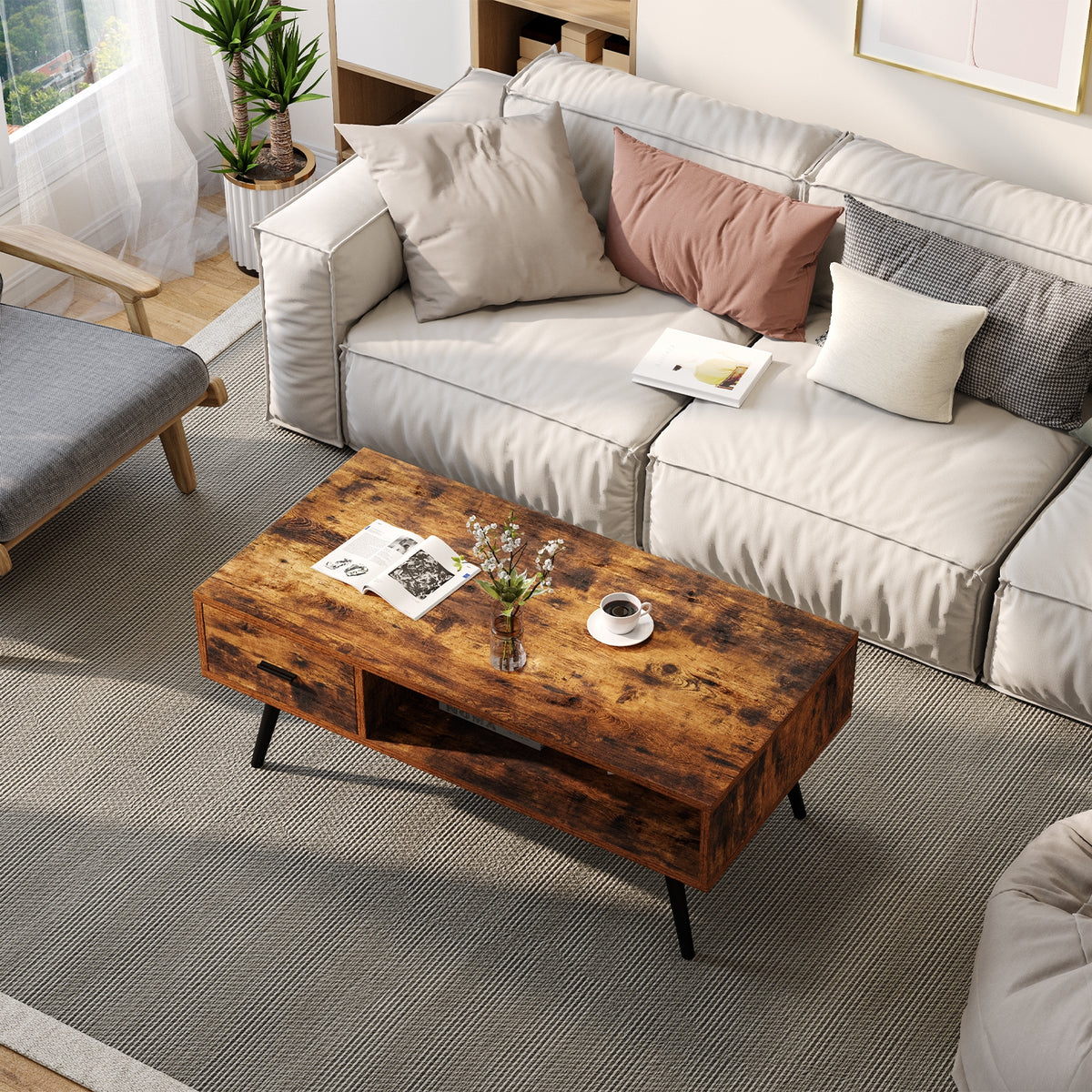 Retro Rectangular Coffee Table With Drawer, Storage Shelf, Brown Coffee Tables at Gallery Canada