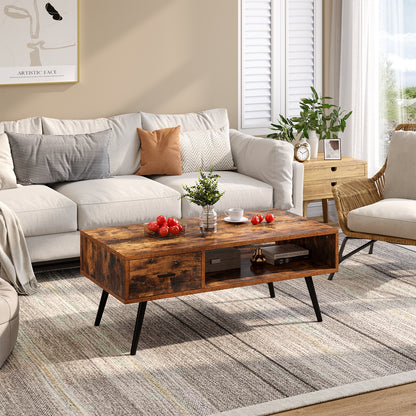 Retro Rectangular Coffee Table With Drawer, Storage Shelf, Brown Coffee Tables at Gallery Canada