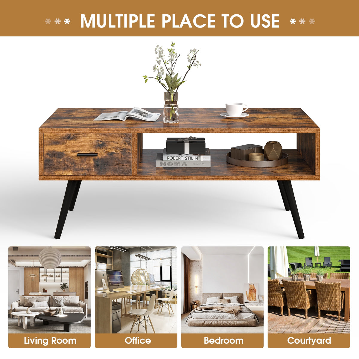 Retro Rectangular Coffee Table With Drawer, Storage Shelf, Brown Coffee Tables at Gallery Canada